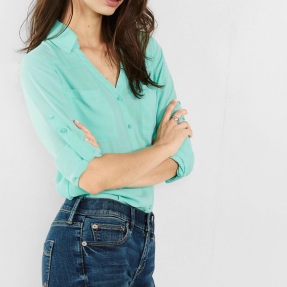 Express Tops - Express Mint  Green The Portofino Shirt Long Sleeves EUC